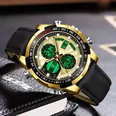 三达 时尚潮流炫酷学生运动腕表 电子+石英机芯 皮带表带 国表 男表 黑色表盘