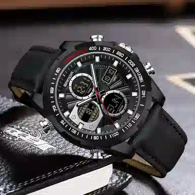 三达 时尚潮流炫酷学生运动腕表 电子+石英机芯 皮带表带 国表 男表 黑色表盘