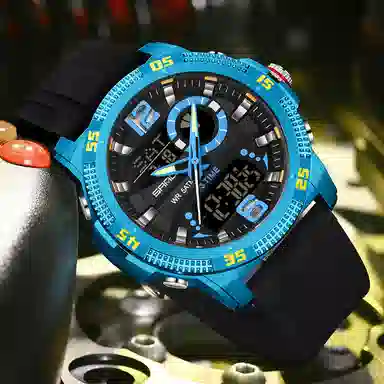 三达 潮流个性时尚百搭休闲双显示腕表 电子+石英机芯 硅胶表带 国表 男表 黑色表盘 防水夜光闹钟多功能手表