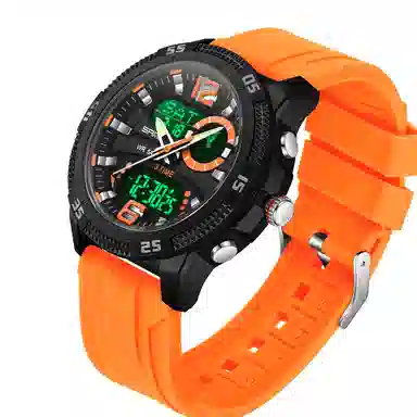 三达 潮流个性时尚百搭休闲双显示腕表 电子+石英机芯 硅胶表带 国表 男表 黑色表盘 防水夜光闹钟多功能手表