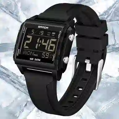 三达 时尚男士潮流方块腕表 电子机芯 硅胶表带 国表 男表 黑色表盘 防水夜光