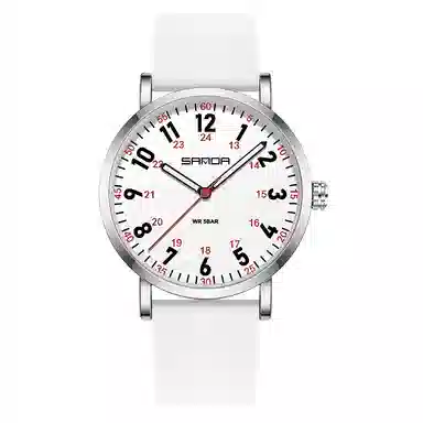 三达简约时尚考生专用静音走时超薄表壳 石英机芯 硅胶表带 国表 男女同款 白色表盘 防水夜光