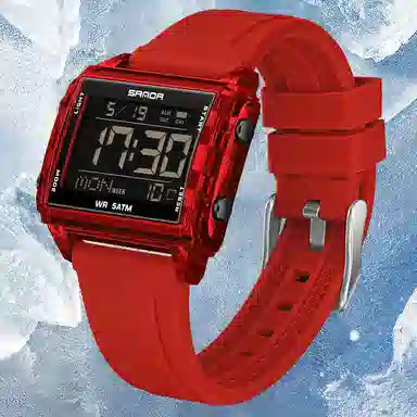 三达 时尚男士潮流方块腕表 电子机芯 硅胶表带 国表 男表 黑色表盘 防水夜光