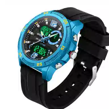 三达 潮流个性时尚百搭休闲双显示腕表 电子+石英机芯 硅胶表带 国表 男表 黑色表盘 防水夜光闹钟多功能手表