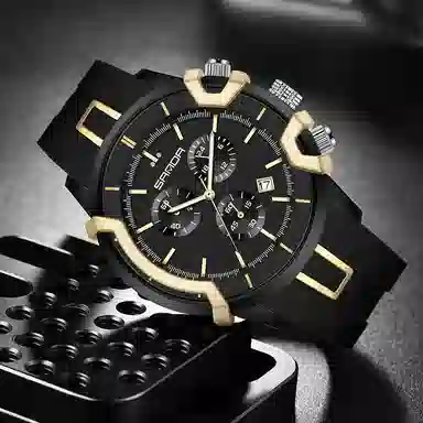 三达潮流酷炫个性百搭休闲学生 石英机芯 国表 男表 黑色表盘 夜光效果日历夜光防震防水