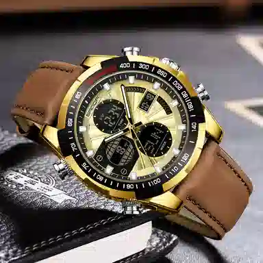 三达 时尚潮流炫酷学生运动腕表 电子+石英机芯 皮带表带 国表 男表 黑色表盘