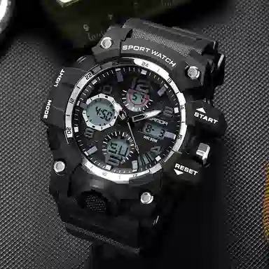 三达 时尚潮流 电子+石英机芯 树脂表带 国表 男表 黑色表盘 夜光防水