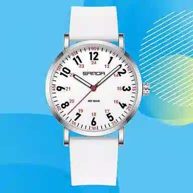 三达简约时尚考生专用静音走时超薄表壳 石英机芯 硅胶表带 国表 男女同款 白色表盘 防水夜光