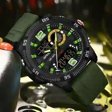 三达 潮流个性时尚百搭休闲双显示腕表 电子+石英机芯 硅胶表带 国表 男表 黑色表盘 防水夜光闹钟多功能手表