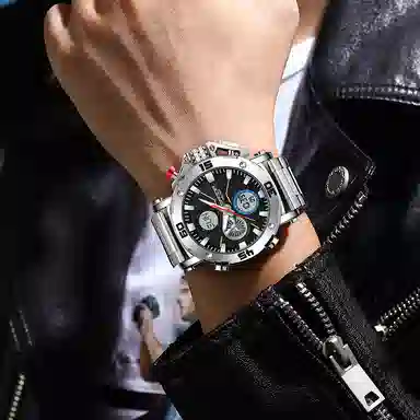 三达 时尚潮流男士双显示学生腕表 电子+石英机芯 钢表带 国表 男表 黑色表盘 防水