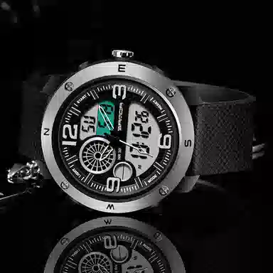 三达 时尚潮流学生腕表 电子+石英机芯 塑胶表带 国表 男表 黑色表盘 防水夜光