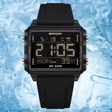 三达 时尚男士潮流方块腕表 电子机芯 硅胶表带 国表 男表 黑色表盘 防水夜光