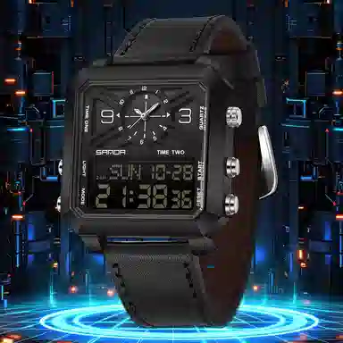 三达 时尚复古方块商务腕表 电子+石英机芯 皮带表带 国表 男表 彩色表盘