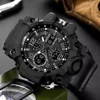 三达 时尚潮流 电子+石英机芯 树脂表带 国表 男表 黑色表盘 夜光防水