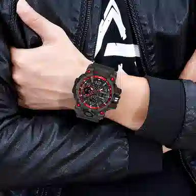 三达 时尚潮流 电子+石英机芯 树脂表带 国表 男表 黑色表盘 夜光防水