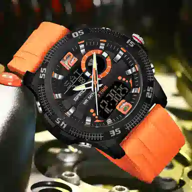 三达 潮流个性时尚百搭休闲双显示腕表 电子+石英机芯 硅胶表带 国表 男表 黑色表盘 防水夜光闹钟多功能手表