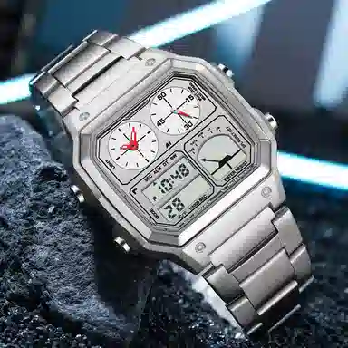 三达 简约大气复古方块腕表 双显示测温三地时间 电子+石英机芯 钢表带 国表 男表 黑色表盘 防水