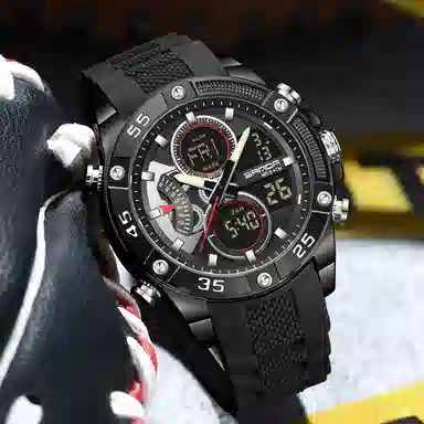 三达 时尚潮流校园学生手表 电子+石英机芯 硅胶表带 国表 男表 黑色表盘 防水