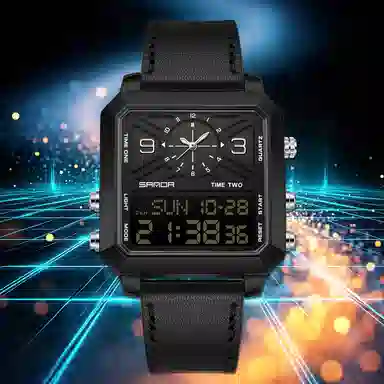 三达 时尚复古方块商务腕表 电子+石英机芯 皮带表带 国表 男表 彩色表盘