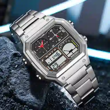 三达 简约大气复古方块腕表 双显示测温三地时间 电子+石英机芯 钢表带 国表 男表 黑色表盘 防水