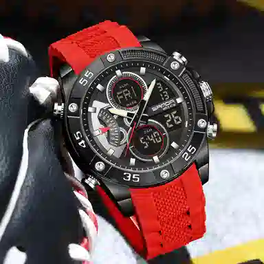 三达 时尚潮流校园学生手表 电子+石英机芯 硅胶表带 国表 男表 黑色表盘 防水