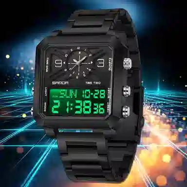 三达 潮流时尚商务方块腕表 电子+石英机芯 钢表带 国表 男表 黑色表盘