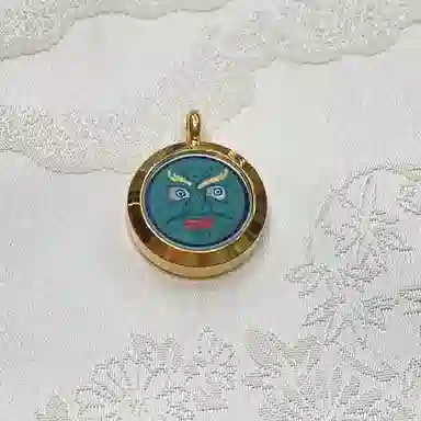 玉临门 国潮官运亨通步步高升绿财神圆形唐卡热贡手绘 合金 吊坠 男女同款情侣款 送 男 女朋友 七 夕礼 物 礼盒包装