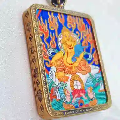 玉临门 国潮民族风财源滚滚好运连连黄财神唐卡热贡手绘 合金 吊坠 男女同款情侣款 送 男 女朋友 七 夕礼 物 礼盒包装