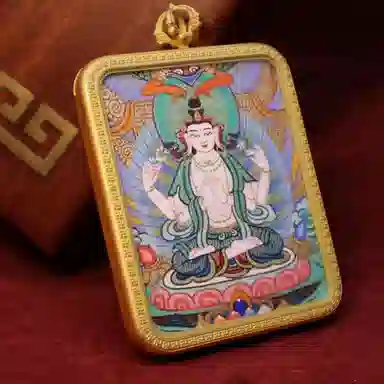 玉临门 【臻藏.文创】藏式 四臂观音热贡手绘唐卡 招财纳福 平安 复古民族风编绳唐卡 合金 项链 男女同款情侣款