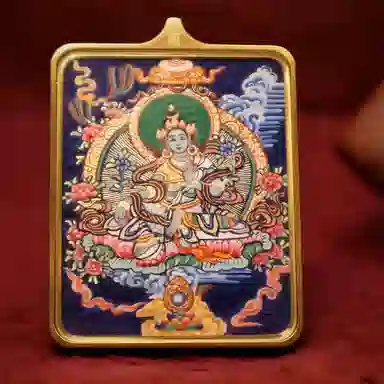 玉临门 新中式复古西藏绿度母唐卡热贡手绘 合金 吊坠 男女同款情侣款