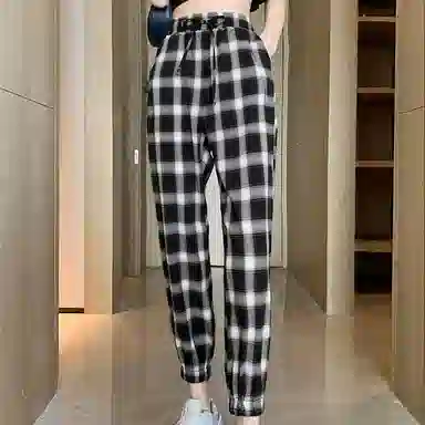 二三二三 高腰垂顺宽松凉凉格子松紧束脚休闲裤 女款 黑白