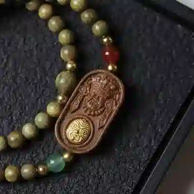 郁馨 新中式双圈盘玩扎基拉姆平安无事牌招财转运 小众设计简约叠戴休闲个性百搭佛珠#好运 绿檀 木作手串 男女同款情侣款