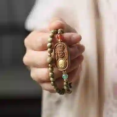 郁馨 新中式双圈盘玩扎基拉姆平安无事牌招财转运 小众设计简约叠戴休闲个性百搭佛珠#好运 绿檀 木作手串 男女同款情侣款