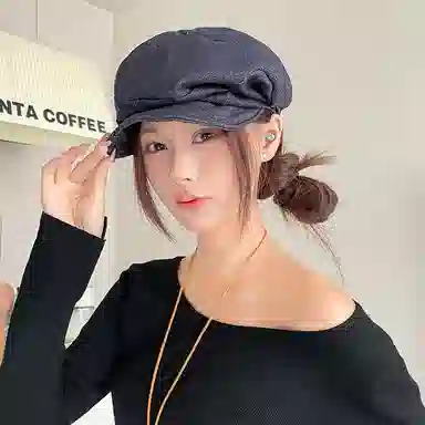 山一丸 日系褶皱棉麻显脸小八角帽复古文艺画家报童帽子 涤纶 贝雷帽 女款