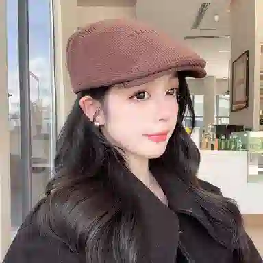 山一丸 灯芯绒秋冬反戴大头围显脸小复古气质 涤纶 贝雷帽 女款