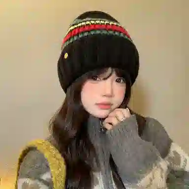 山一丸 针织保暖小众拼色 聚酯纤维 绒线帽 女款