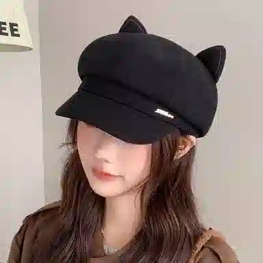 山一丸 英伦复古大头围显脸小猫耳 毛呢 帽子 男女同款情侣款