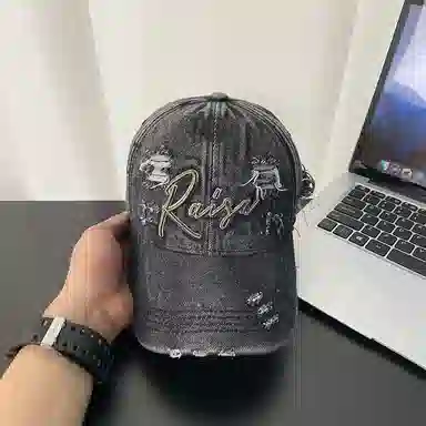 山一丸 简约韩版高端破洞复古水洗 聚酯纤维 鸭舌帽 男女同款情侣款