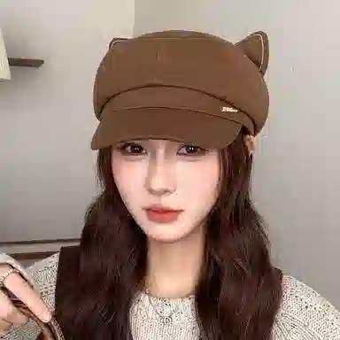 山一丸 英伦复古大头围显脸小猫耳 毛呢 帽子 男女同款情侣款