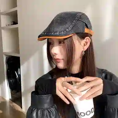 山一丸 短檐复古休闲画家帽纯色前进帽 牛仔 贝雷帽 女款