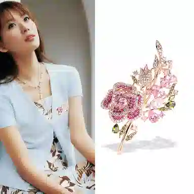 山一丸 时尚玫瑰花粉色胸花西装外套衬衫花朵锆石别针配饰 环保铜 胸针 女款