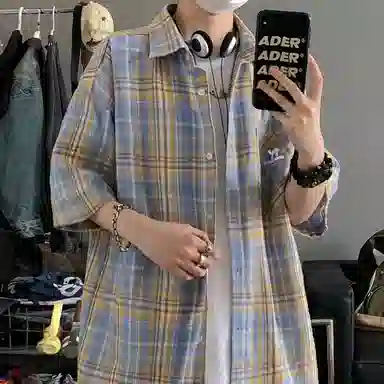 领航骆驼 学院风日系多彩格纹纽扣翻领宽松百搭潮流休闲长袖高街格子衫外套情侣款高级感    衬衫 男女同款