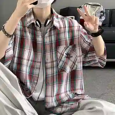 领航骆驼 学院风日系多彩格纹纽扣翻领宽松百搭潮流休闲长袖高街格子衫外套情侣款高级感    衬衫 男女同款