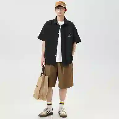 领航骆驼 时尚街头纯色简约印花基础款潮流百搭透气垂感翻领短袖衬衫  男女同款