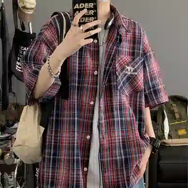 领航骆驼 学院风日系多彩格纹纽扣翻领宽松百搭潮流休闲长袖高街格子衫外套情侣款高级感    衬衫 男女同款