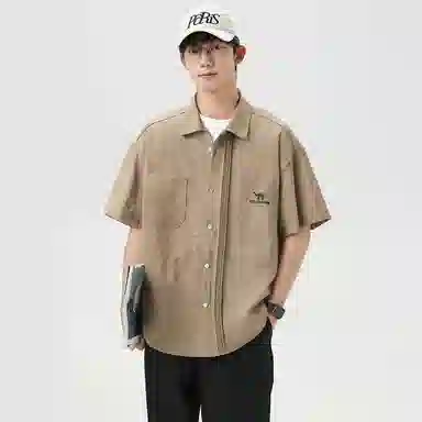 领航骆驼 时尚街头纯色简约印花基础款潮流百搭透气垂感翻领短袖衬衫  男女同款