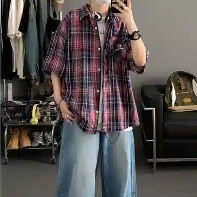 领航骆驼 学院风日系多彩格纹纽扣翻领宽松百搭潮流休闲长袖高街格子衫外套情侣款高级感    衬衫 男女同款