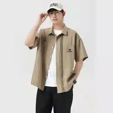 领航骆驼 时尚街头纯色简约印花基础款潮流百搭透气垂感翻领短袖衬衫  男女同款