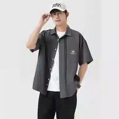 领航骆驼 时尚街头纯色简约印花基础款潮流百搭透气垂感翻领短袖衬衫  男女同款