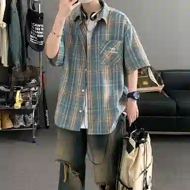 领航骆驼 学院风日系多彩格纹纽扣翻领宽松百搭潮流休闲长袖高街格子衫外套情侣款高级感    衬衫 男女同款